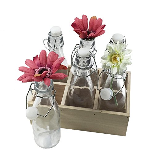 6er Set Glasflaschen / Bügelflaschen im Holz Tablett (z.B. als Vase für Tischdekoration, Gastronomie uvm) - 2