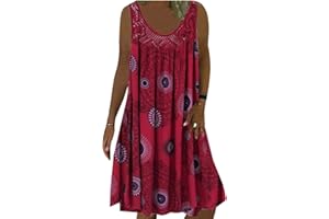 Minetom Dentelle Robe Été Femme de Plage Rétro Robes Col Rond Robes au Genou sans Manches Imprimé Floral Casual Tuniques Ample