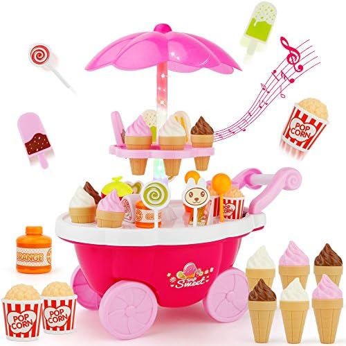 Ice Cream Cart 39 PCS SONi Pretend Play Food Dessert and Candy Trolley Set Toy with Music and Lighting Kids and Girls Toys
