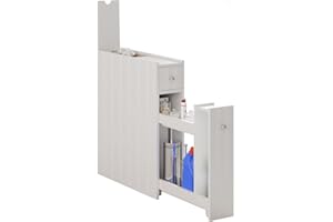 Taylor & Brown Slim Bathroom Floor Cabinet, Narrow & Compact Slimline Wooden Bathroom Organiser with Drawer & Slide Out Shelf, Freestanding Storage Unit, White