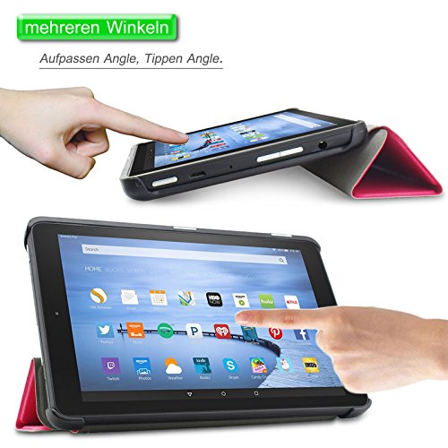 Fire 7 Zoll 2015 Hülle Case, Infiland Fire 7 Zoll Huelle Ultra Dünn Tri-Fold Muschel PU Leder Ultra Schlank Superleicht Ständer Shell Cover Schutzhülle Etui Tasche für Amazon Fire 7 Zoll 2015 (7-Zoll-Tablet, 5. Generation – 2015 Modell)(Magenta) - 3