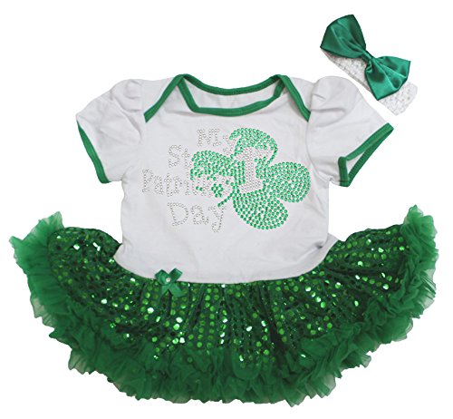 1st St Patrick Day Baby Dress White Bodysuit Green Sequin Tutu Romper Nb-18m (3-6 Months)