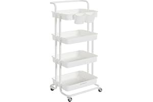 SONGMICS Chariot de Rangement, 4 Niveaux, Desserte sur roulettes, Étagère, Poignée, 2 Pots, 2 Freins, Paniers en Plastique, Montage Facile, Chambre, Cuisine, Blanc BSC077WZ01