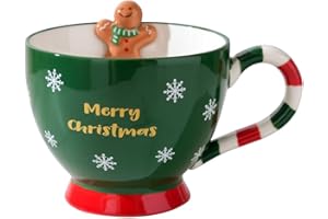 Bibykivn Taza de Navidad 500ml de Cerámica con Diseño en Relieve Pintado a Mano, Taza de Invierno con Motivos Navideños y Asa, Rojo/Verde, Regalo Festivo (Verde)
