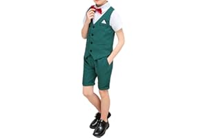 HONGBI 2-12 Jahre Kinder Junge Anzug 4 Stück Kinder Anzug Set Sommer Taufe Hochzeit Anzüge Gentleman Weste + Kurzarm Hemd + Kurze Hose + Fliege Kinderanzug Festlich Outfit