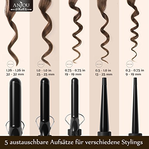Lockenstab, Anjou 5 in 1 Multifunktion Austauschbare Lockenwickler Kit (9mm – 32mm), schnell erhitzender Friseurlockenstab Schwarz (Perfekte Geschenkidee zum Muttertag) - 3