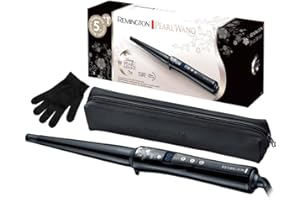 Remington Rizador Pelo Ondas cónico 13-25 mm Pearl revestimiento cerámico con perlas pantalla LCD 130-210 °C, guante resistente al calor, rizos naturales, rizos en espiral y ondas playeras, CI951