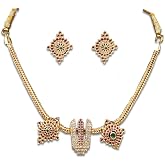 Traditional Gold-Plated Venkateshwara Balaji Pendant Temple Necklace Set with Ruby and Emerald Stones/Perumal Sangu Choker Ne