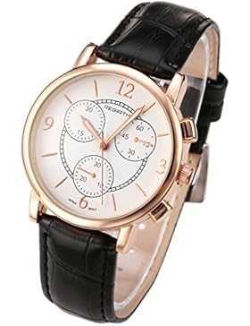 JSDDE Klassisch Armbanduhr Japanische Uhrwerk 30m Wasserdicht Rund Unisex unecht Chronograph Lederarmband Schwarz