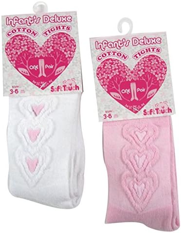 Deluxe Baby Girls Cotton Tights With Raised Diamond And Heart Embriodery (3-6months, White with Pink Hear Embriodery)