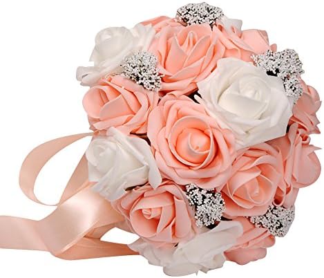 Wedding bouquet,WINWINTOM Crystal Roses Pearl Bridesmaid Wedding Bouquet Bridal Artificial Silk Flowers (Orange, 22*24cm)