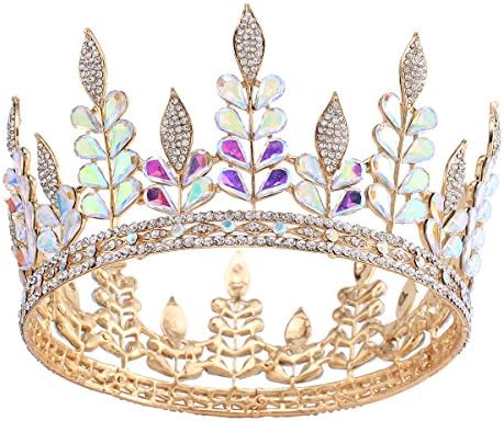 HerZii Height 3.4'' Big Crown Full Tiara Wedding Crown Cride Gold Leaf Rhinestone Tiaras Royal AB Drill Crowns