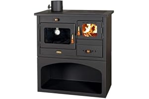 PRITY 95 LTD Stufa a legna con uscita canna fumaria sinistra per combustibile solido, potenza di riscaldamento 10 kW, forno e 3 piastre in ghisa per cucinare.
