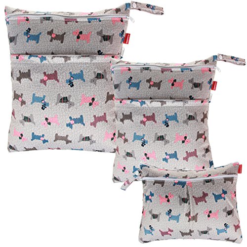 Damero 3pcs Pack Wet Dry Bag for Cloth Diapers Nappy Bag Daycare Organiser Bag, Dogs