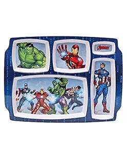 Pagli Food Enterprise Exclusive Kids Dinner Set Malamine Dinner 5 Section Plate Cartoon Printed Attract Kids to Eat Food Kids (Avengers, Blue+White)