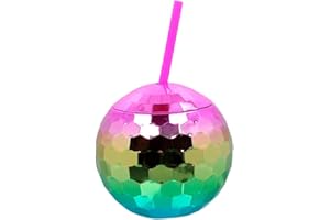 Boland Rainbow Disco Ball Drinking Cup with Straw 500ml 70s Fancy Dress Accessory Party Cup Partyare Disco Theme