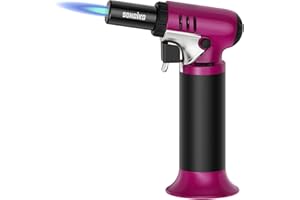 Sondiko Kitchen Blow Torch with Fuel Gauge S907, Refillable Soldering Torch Lighter with Adjustable Flame for Desserts, Creme Brulee, Welding, Industrial, Pink & Black(Butane Not Included)