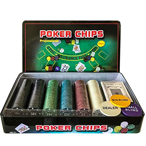 Professional Set de póker Caja de Metal, 300 fichas de pókerr, 2 Cubiertas, botón de repartidor, ciega pequeña, Gran ciega, tapete de Juego