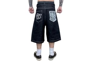ORANDESIGNE Pantaloncini di Jeans Hip Hop da Uomo Bermuda Larghi Jeans Corti Vintage con Stampa Pantaloni da Ballo di Strada Skateboard per Ragazzi Adolescenti Pantaloncini Cargo