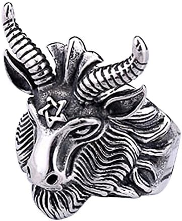 Liangxiang Stainless Steel Men Ring Satan Worship Baphomet Ram Aries Zodiac Sheep Goat Head Horn Biker Ring (US10)