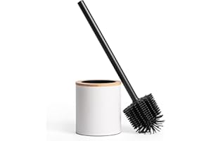 KAZAI. Escobillero de Baño Silicona y Escobillero en Óptica de Madera | Acero Inoxidable, Cabeza de Silicona, Diseño de Bambú | Blanco