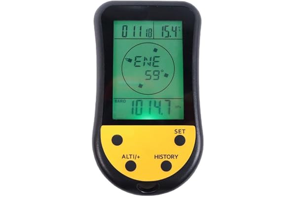 FUANA Altimètre numérique électronique avec rétroéclairage LCD, baromètre, thermomètre, prévisions météo, horloge et calendrier pour randonnée, escalade, pêche, camping, noir et jaune