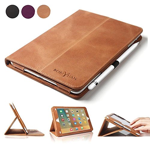 Boriyuan Ipad Pro 9.7 Hülle Echt Leder Case Smart Cover Schutztasche aus echtem Leder für das Apple iPad Pro 9.7 Zoll mit Standfunktion, Auto Sleep Wake up und Fach für Kreditkarten (Farbe: Braun)