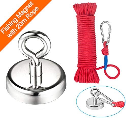 Wukong Super Potente tirar redondo imán de neodimio con avellanado agujero y cáncamo 150kg fuerza de tracción,diámetro 60 mm y 6 mm trenzado cuerda 66 ft - perfecto para imán pesca y recuperar Salvage