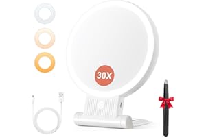 ‎AUXMIR Auxmir Lusterko do makijażu ze światłami LED, dwustronne lusterko powiększające 30X/1X, 3 kolory regulowana jasność, składane lustro stołowe z otworem do zawieszania, ładowalne i przenośne