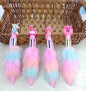 Tera13 Set of 4 6-in-1 Retractable Roller Ball Multicolor Feather Fur Pens Beautiful Mermaid Unicorn Pens Gel Pen Set for Girls Kids Return Gift