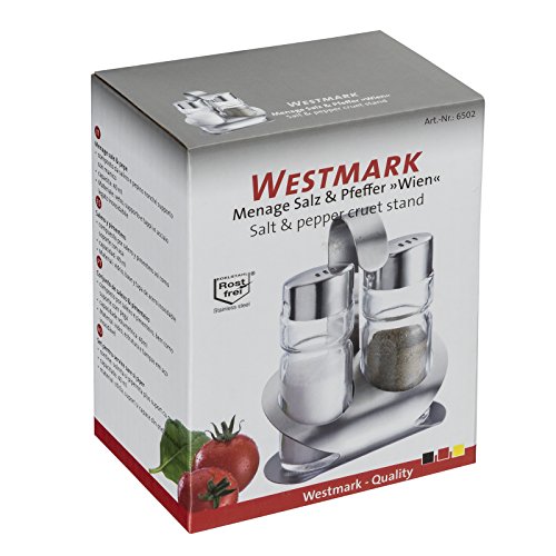 Westmark Salz und Pfeffer-Menage mit passendem Ständer, 3-tlg., Fassungsvermögen je 40 ml, Rostfreier Edelstahl/Glas, Wien, Silber/Transparent, 65022260 - 2