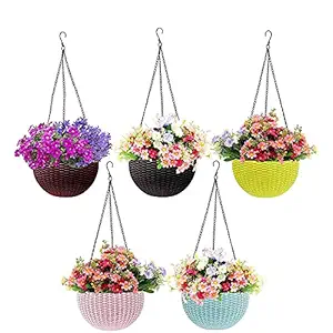 Yashvin Plastic Basket Flower Pot with Hanging Chain 5 Pieces Big Size (8.5 Inch), Multicolour, Pot Diameter -8.5 Inch, Chain Length -13 inch Approx.