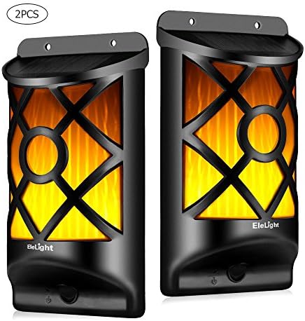 EleLight 2Pack Solar Lights Wall Lamps, 66 LEDs Waterproof Flickering Flames Light Wireless Outdoor Dark Sensor Auto On/Off Wall Mounted Dancing Flames Night Lights for Garden Patio Bar Festival Decor