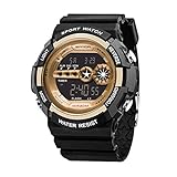Armbanduhr Mens Edelstahl LED Digital Datum wasserdicht Chenang Sport Armee Quarzuhr Sanda elektronische Uhr Herren Digitale Wasserdichte militärische Uhren Sportuhr mit Wecker (Gold)