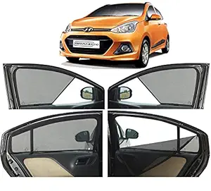 Autofact Half Magnetic Window Sunshades / Curtains for Hyundai Grand I10 [Set of 4pc - Front 2pc Half Without Zipper ; Rear 2pc Full with Zipper] (Black)