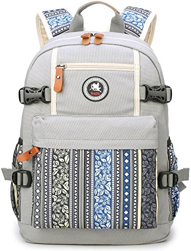 SPLHMILY Bohemian Style Lightweight Canvas Girl Backpack Shoulder Bag for Women, Multi-pockets Rucksack Daypack for Daily Use, Grey white