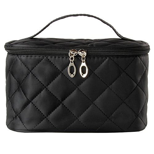 Discoball Lady Women Large Capacity Cosmetic Makeup Toiletry Travel Wash Bag Holder Mirror Case Organizer( Black grid pattern design)