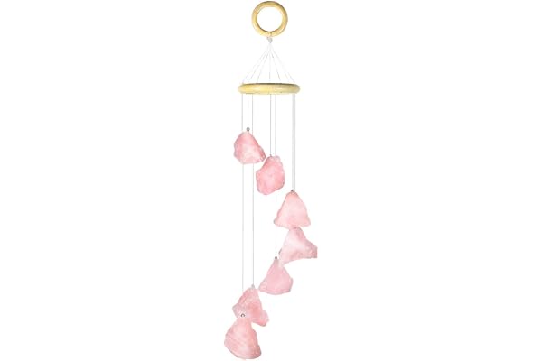 KYEYGWO Quartz Rose, Carillon à Vent en Pierre de Cristal Naturelle, Chakra Cloche Pendentif Suspendu pour Jardin Fenêtre Maison Décoration Intérieur Extérieur, 40-45cm