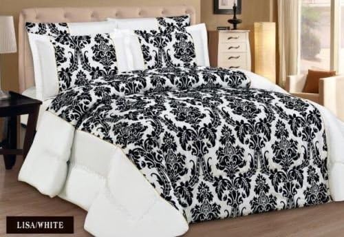 Luxury 3 pieces Lisa comforter bedspread floral pattern quilted flock damask With 2 Pillow shams Double, King &amp; Super King sizes (KING, WHITE)