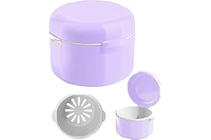 MOKEUM Denture Case, Denture Cup for Soaking Dentures, Denture Bath Box with Rinsing Basket, Portable False Teeth Storage Containers, Thorough Cleaning of Dentures, Retainer, Clear Braces (Purple)