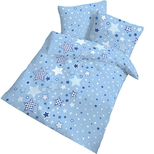 Fein Biber Baby Bettwäsche Sterne Stars himmelblau – Größe 40×60 + 100 x 135 cm – hergestellt in Deutschland - 2
