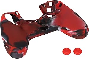 Vikye PS4-Controller-Skin-Silikonhülle, Silikonhülle, rutschfeste Schutzhülle mit 1 Paar Daumengriffen für PS4-Controller, Tarnblau(Tarnung Rot)