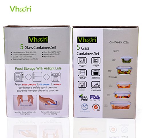 Vhari 5 Set Glas Lebensmittel Lagerbehälter * Airtight & Dicht * Backofen , Mikrowelle, Gefrierschrank und Spülmaschine Safe * 10 Stück (5 Glasbehälter + 5 BPA frei Lids ) * - 7