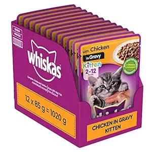Whiskas Wet Food for Kittens (2-12 Months), Chicken in Gravy Flavour, 12 pouches (12 x 85g)