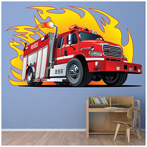 azutura Camion dei Pompieri & Fiamme Adesivo Murale Motore Fuoco Adesivo da Parete Ragazzi Camera da Letto casa Arredamento Disponibile in 8 Misure Piccolo Digitale