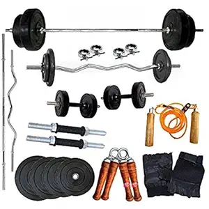 BODY MAXX Fitness 30Kg Home Gym Combo with 5Ft Straight Barbell Bar+3Ft. Ez Curl Bar+14 Dumbbell Rods+Wooden Handgrip Pair+Adjustable Skipping Rope+Gym Gloves