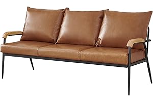 ‎OFCASA OFCASA 3-Sitzer-Sofa, gepolstert, Kunstleder, mit Kissen und Metallrahmen, modernes 3-Sitzer-Sofa, Sessel für Wohnzimmer, Büro, Garten, Hellbraun