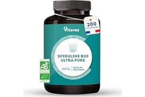 Spiruline BIO Ultra Pure 1500 mg - Sans Excipients, Riche en Protéines, Phycocyanine, Fer, Antioxydants - Immunité, Fatigue - 200 comprimés - Vegan - Fabriqué en France - Vitavea