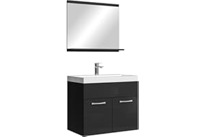 Badplaats B.V. Badezimmer Badmöbel Set Montreal 02 60cm Waschbecken Hochglanz Schwarz Fronten - Unterschrank Waschtisch Spiegel Möbel