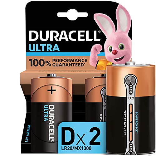 Duracell - Ultra D con Powercheck, Pilas Alcalinas (paquete de 2) 1.5 Voltios LR20 MN1300 (el embalaje puede variar)